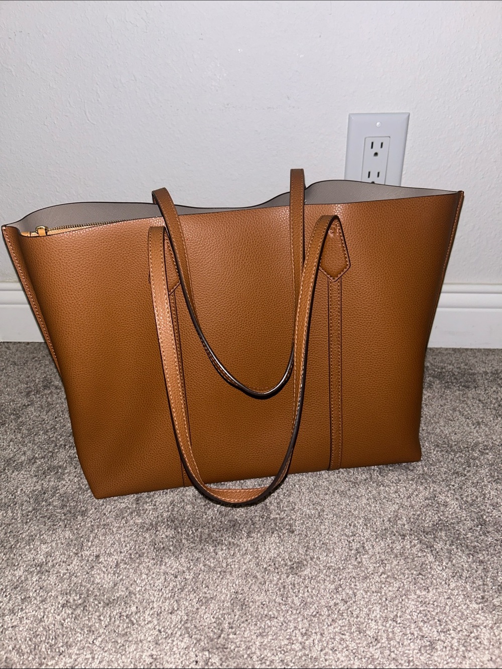 Tory Burch Cognac Pebbled Leather Tote with Taupe Tag Accents - Picture 6 of 14